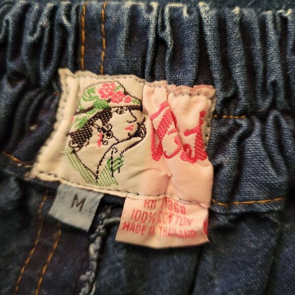 Pret M Vintage Blue Jean Denim Skirt Pockets Elastic Back Slit Embroidered Bling - Picture 2 of 7